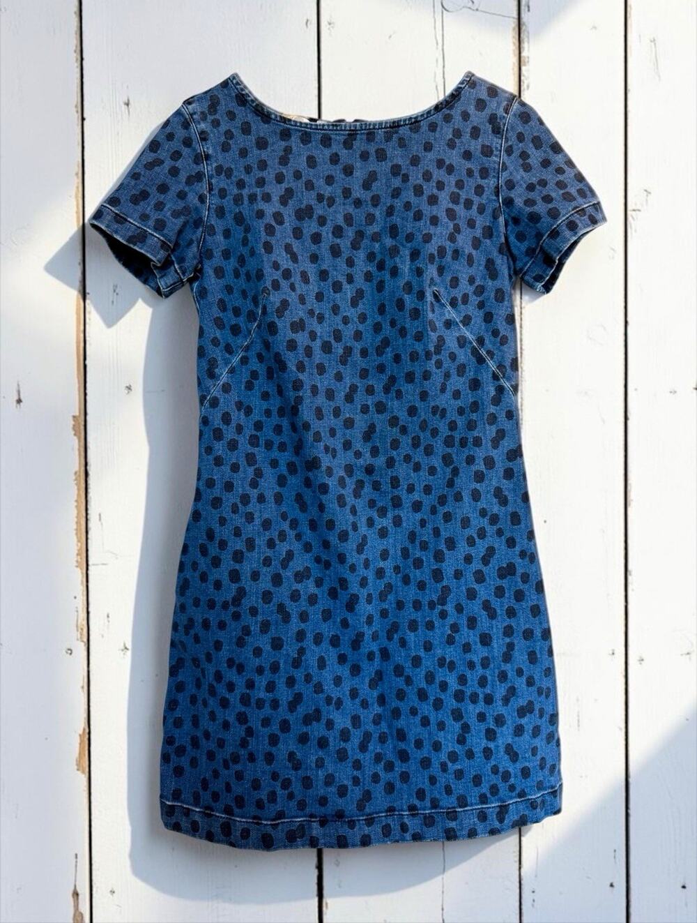 Boden Women's Blue Denim Polka Dot Dress Pockets Size 6 Short Sleeve Casual
